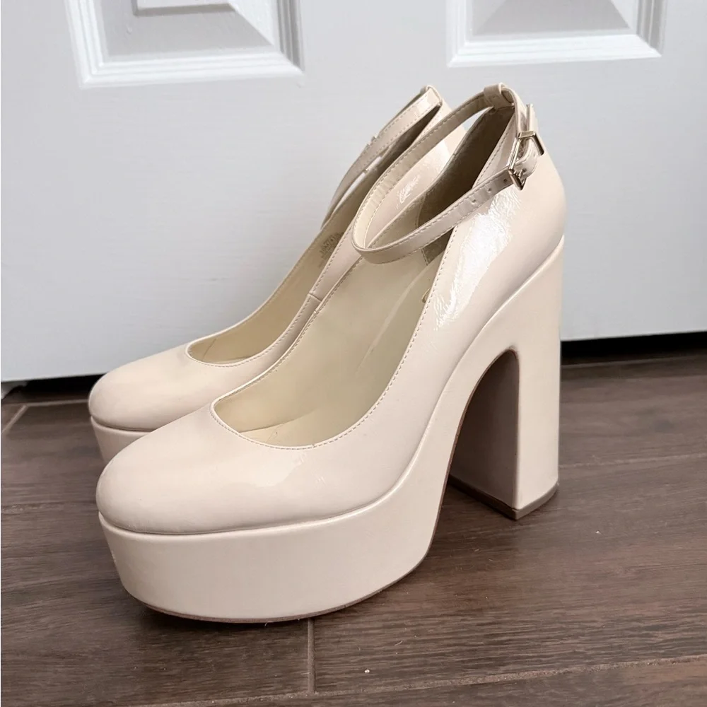 Platform Ankle-Strap Pumps in Cream